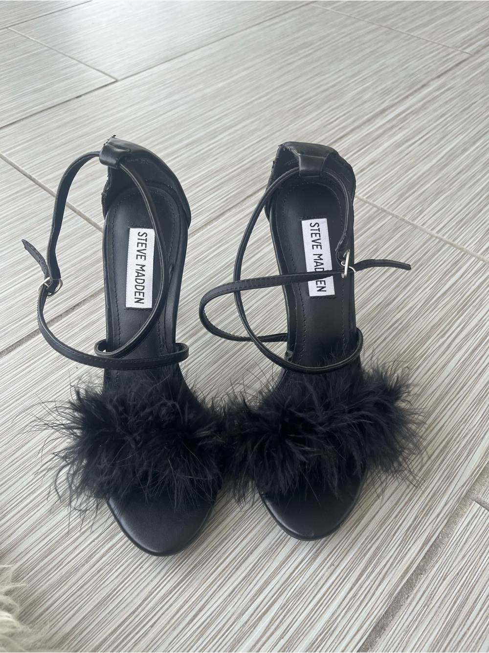 Steve Madden Black Feather Trim Ankle-Strap Heels
